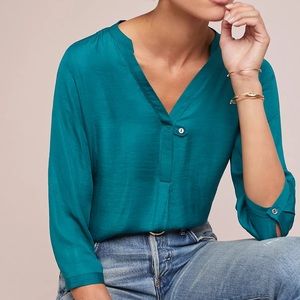 Anthropologie Dolan Vasseur Top Teal Blue Satin Front Long Sleeve Blouse Size XS